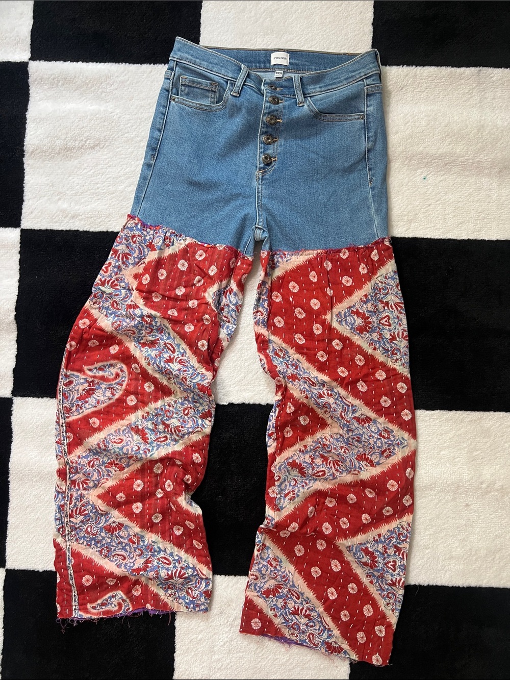 Retro BoHo Patchwork Wide-Leg Jeans in Red Paisley/Kantha handmade